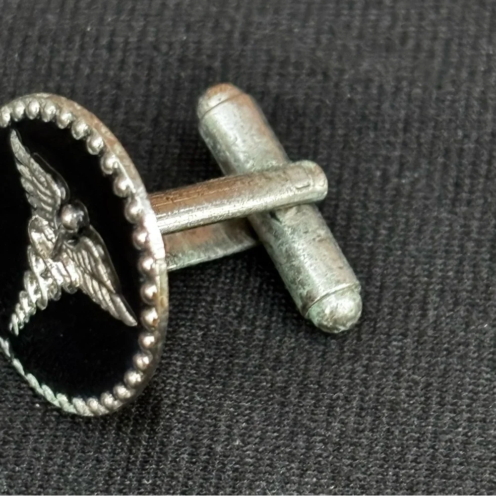 Caduceus Cufflinks Creed Sterling Silver Black background Pair